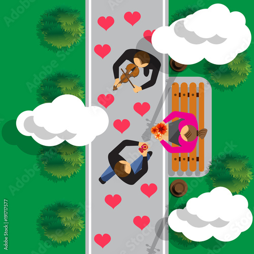 Man proposing to woman down on one knee. View from above. Vector illustration.