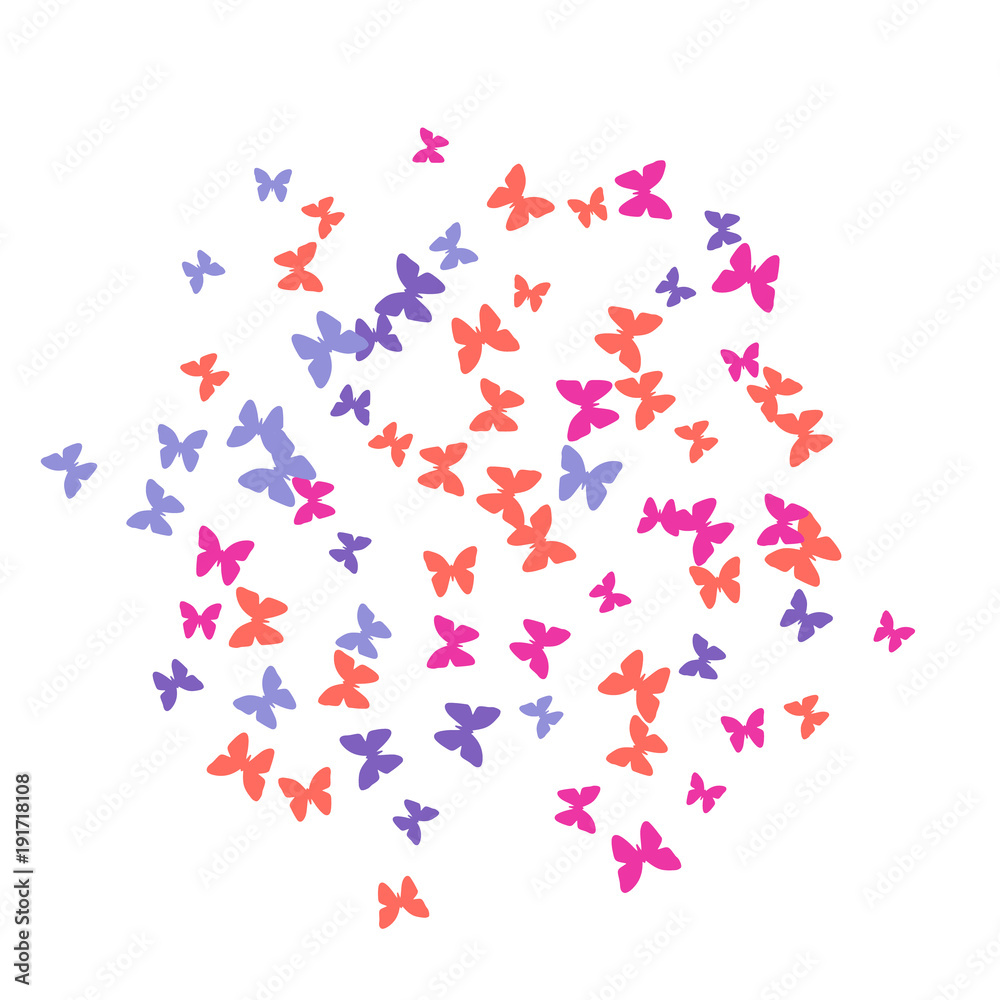 Fototapeta premium Spring Background with Colorful Butterflies. Simple Feminine Pattern for Card, Invitation, Print. Trendy Decoration with Beautiful Butterfly Silhouettes. Vector Background with Moth
