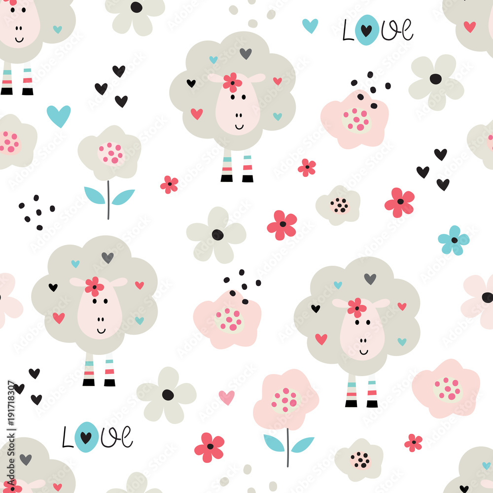 Seamles pattern with cute sheep and flowers