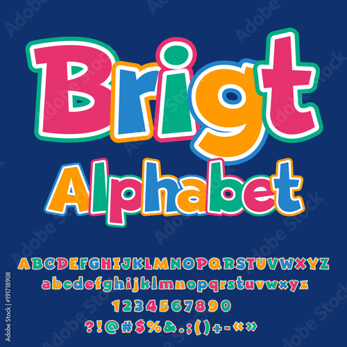 Vector colorful Bright Alphabet for Children. Set of funny Letters, Numbers and Symbols
