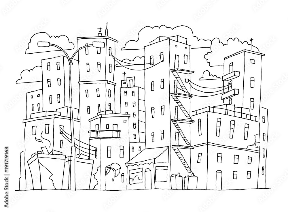 Old city buildings sketch town. Houses multistory outdoors street windows. Hand drawn black line