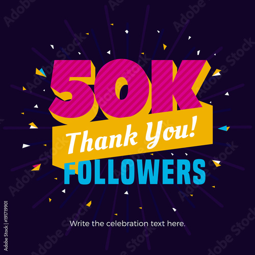 50k followers card banner template for celebrating many followers in online social media networks.