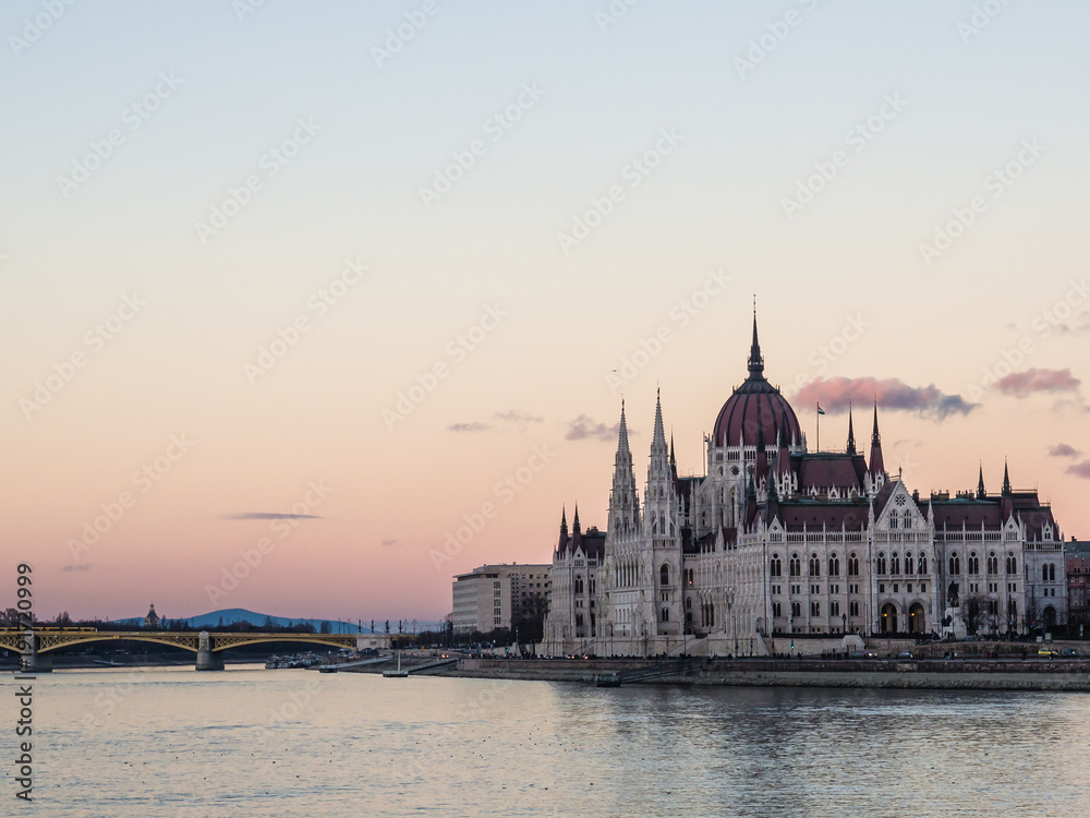 Hungarian Parliament building in Budapest, shot at sunset.