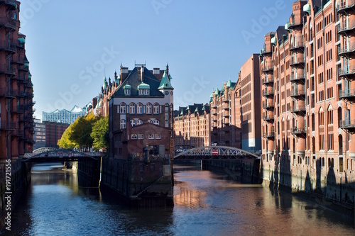 The famous Wasserschloss  Watter Castle  in the historic Speicherstadt - the largest warehouse district in the world  located in the HafenCity quarter in Hamburg  Germany.