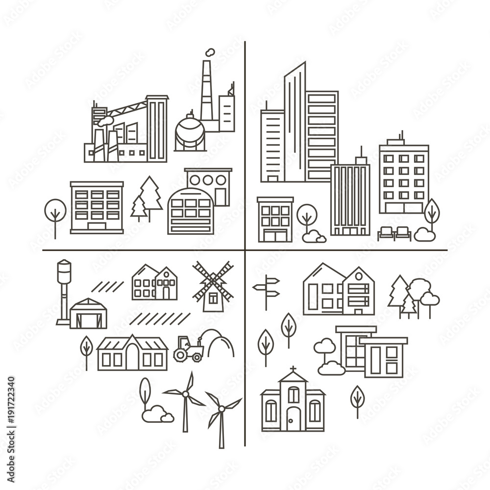 City, Town and Countryside Illustration in Linear Style.