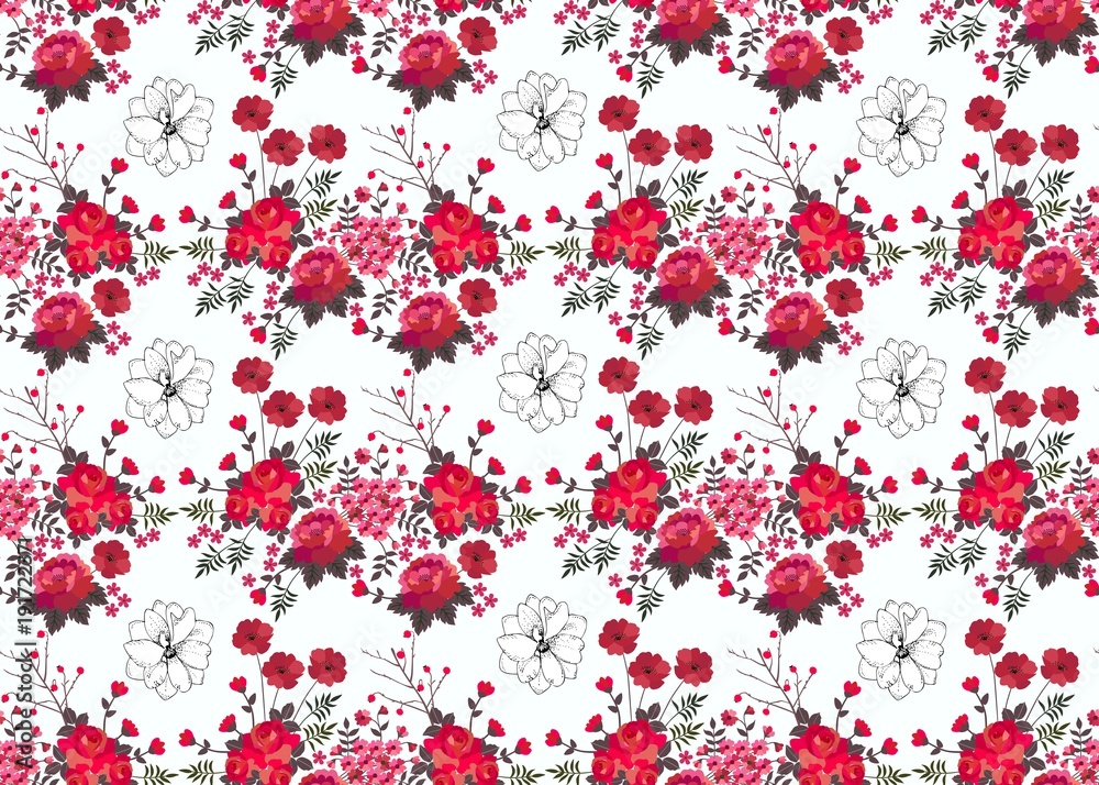 Seamless floral pattern with red roses , berries and poppies isolated on white background. Print for curtain. Vector summer design.