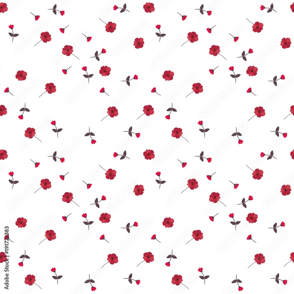 Ditsy seamless floral pattern in vector. Small red flowers isolated on white background.