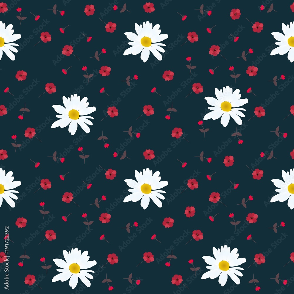 Seamless floral pattern with daisies and poppies  isolated on dark green background.