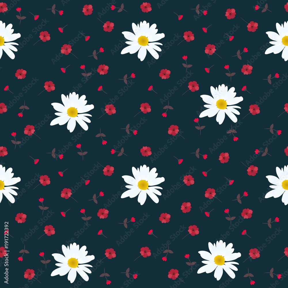 Seamless floral pattern with daisies and poppies isolated on dark green background. Seamless floral pattern with daisies and poppies isolated on dark green background.