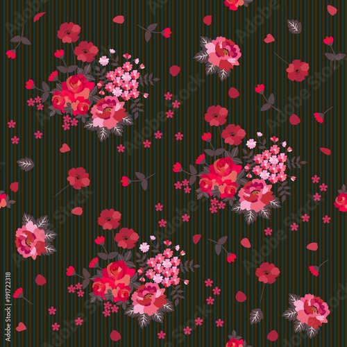 Wallpaper Mural Seamless floral pattern with red and pink flowers on striped background. Vector fashionable design. Torontodigital.ca