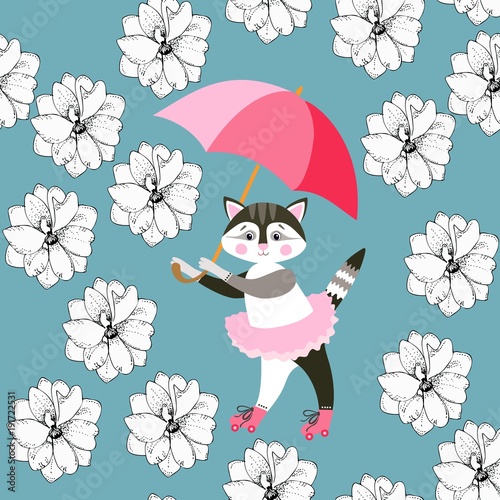 Seamless pattern with cute kitty, pink umbrella and delphinium flowers on blue background. Print for fabric, wallpaper, greeting card.