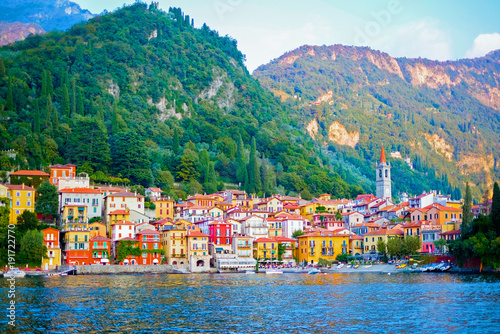 View of colorful town and mountian background ,Lake como,Italy,Europe © Kullathida