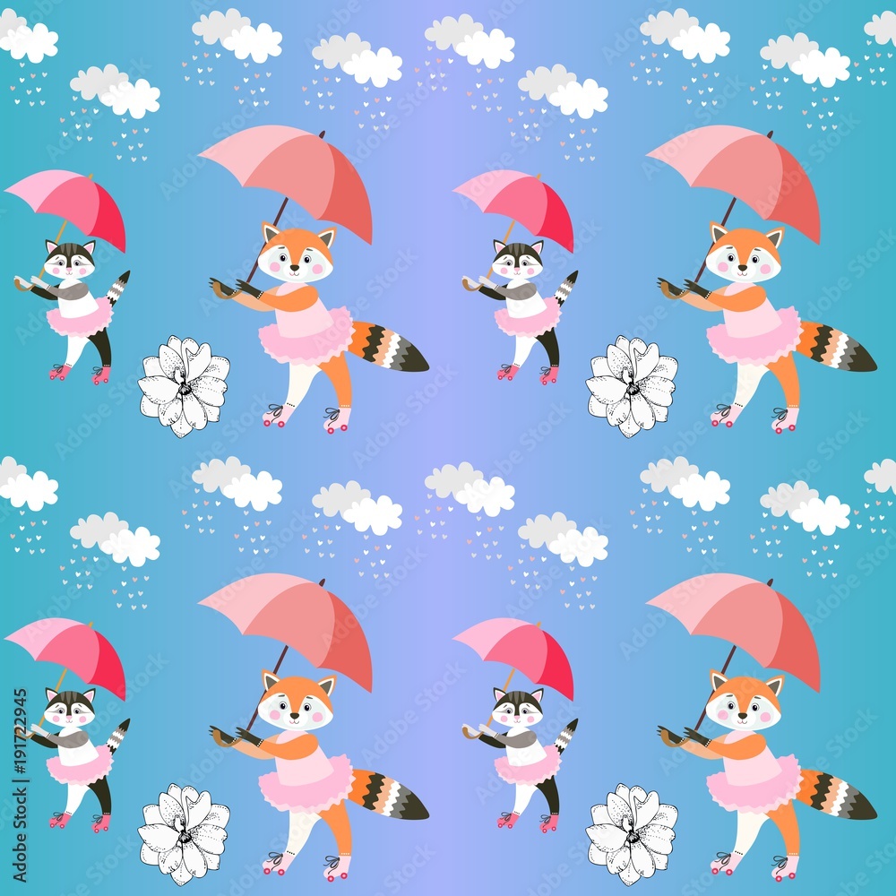 Endless background with cute little foxes and kittens with umbrellas on gradient blue background. Vector summer design.