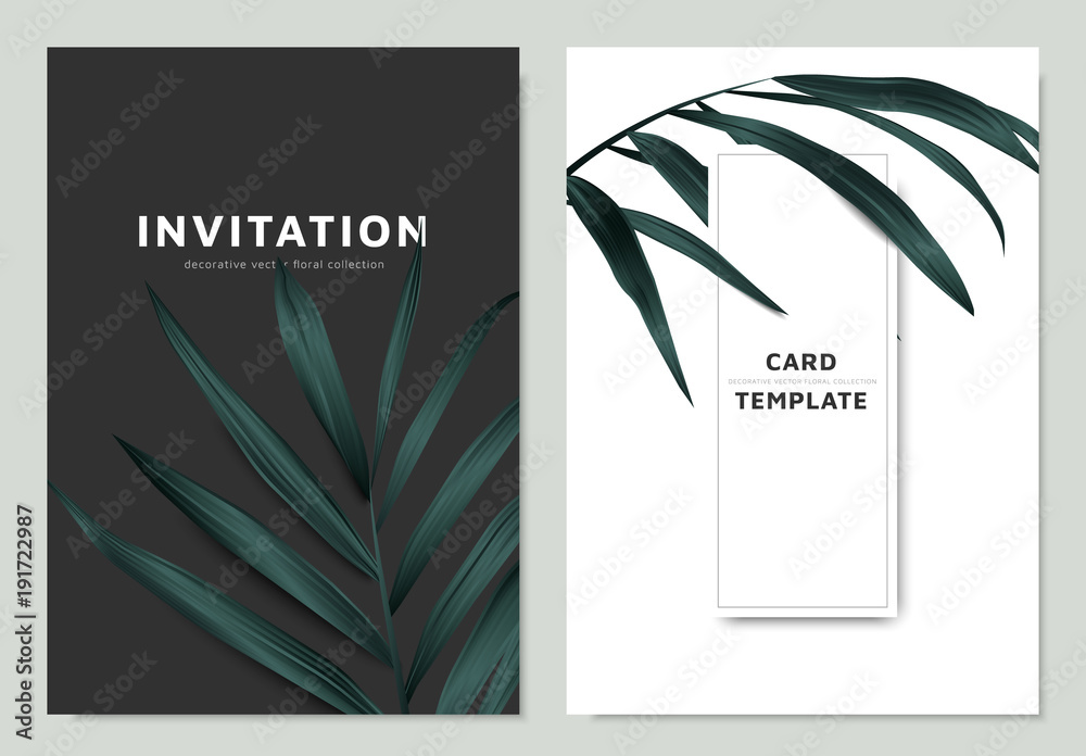 Green palm leaves, invitation card template design, minimal black and white tone