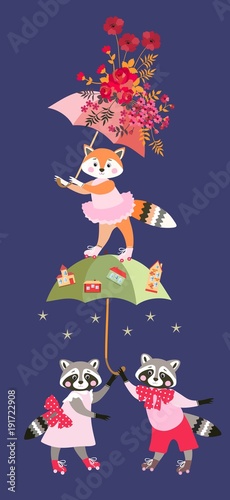 Cute cartoon little raccoons and fox with fairy umbrellas isolated on dark blue background. Greeting card, invitation for baby. Beautiful vector illustration.