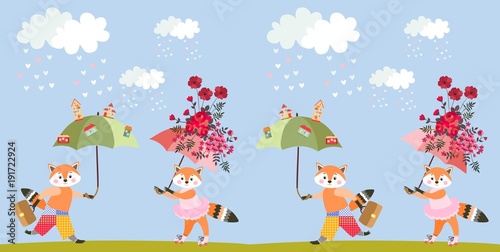 Greeting card with cute cartoon little foxes with fairy umbrellas or endless animal print. Vector summer pattern for children.