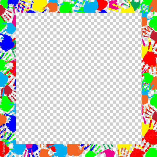 Bright frame with copy space and multicolored handprints