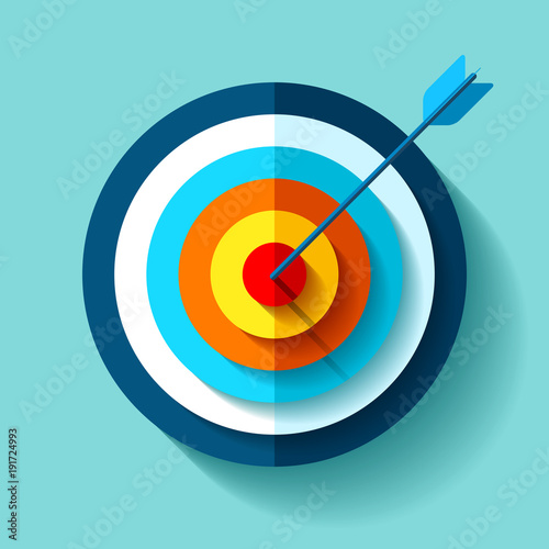 Volume Target icon in flat style on color background. Arrow in the center aim. Vector design element for you business projects