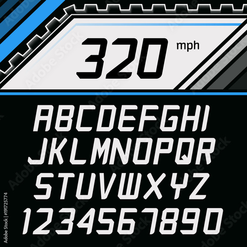 Vector Font in supercar gauge cluster style. Racing Alphabet on car gauge background