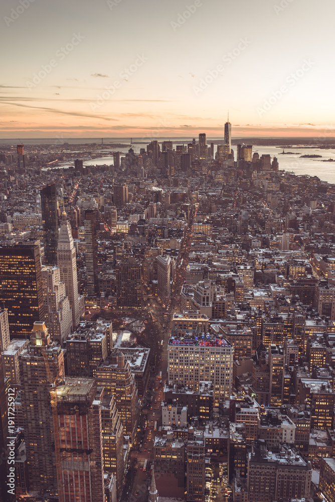 Fototapeta premium New York City - Manhattan downtown skyline skyscrapers at night - View from Observation Deck on the Empire State Building at twilight. USA.
