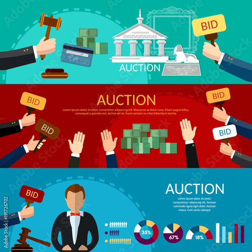 Auction and bidding banners. Selling antiques sale paintings art object culture. Auction bidding art concept vector