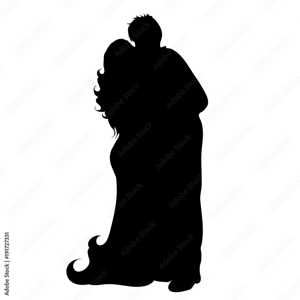 Vector silhouette of couple who dance on white background.