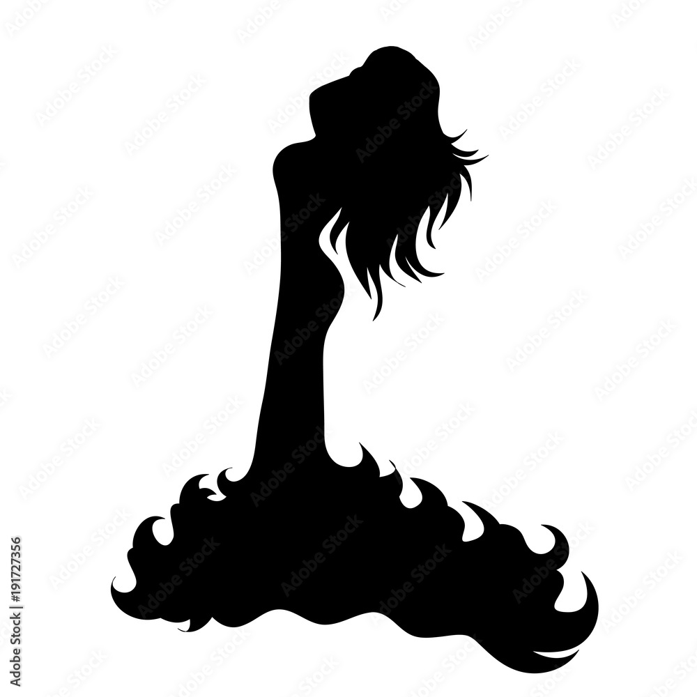 Vector silhouette of woman with long dress on white background. Stock ...