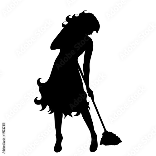 Vector silhouette of cleaning lady on white background.