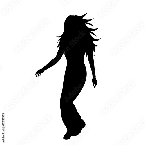 Vector silhouette of woman who walk on white background.
