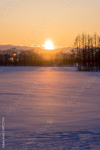 雪原へ沈む夕陽