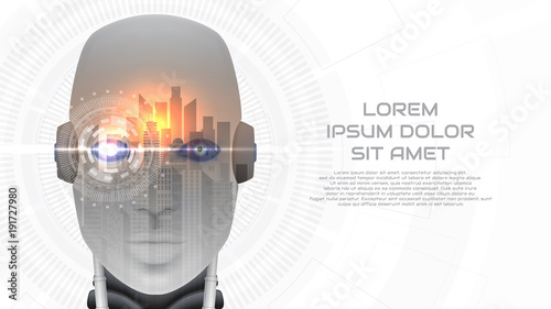 Modern concept web banner with robot cybernetic organism. Vector illustration with city landscape. Techno background with cyborg head and virtual HUD interface with augmented reality.