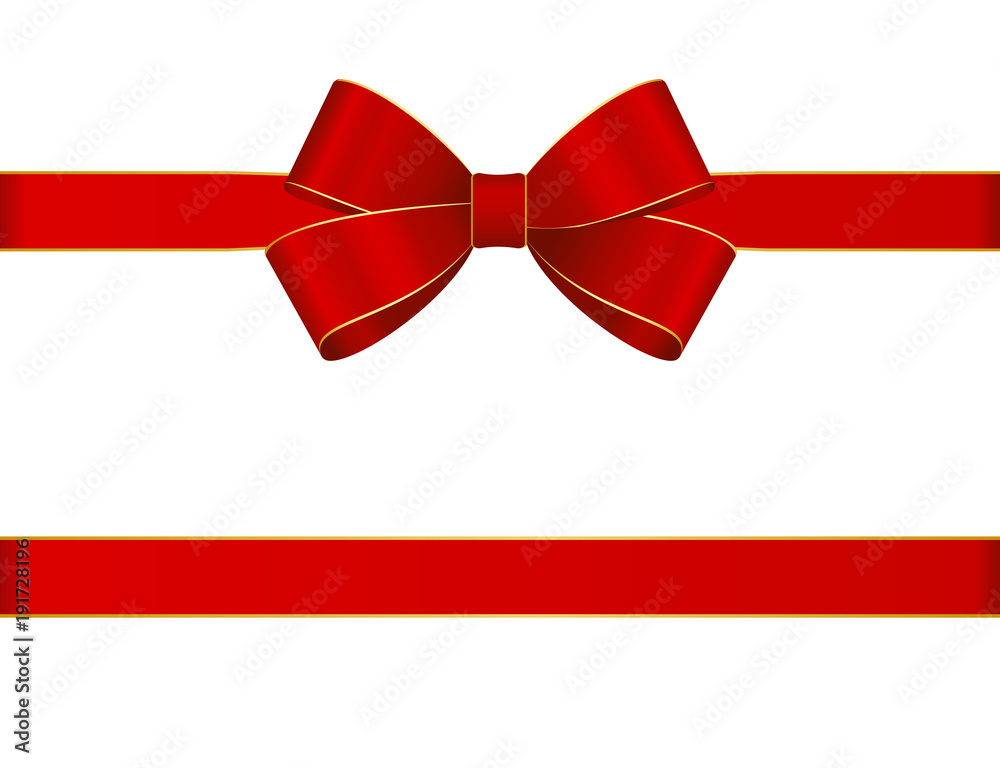 Decorative red bow with horizontal red ribbons isolated on white. Vector red gift bow with ribbon for page decor. New year holiday decorations Decorative red bow with horizontal red ribbons isolated on white. Vector red gift bow with ribbon for page decor. New year holiday decorations