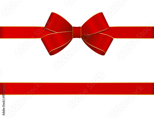 Decorative red bow with horizontal red ribbons isolated on white. Vector red gift bow with ribbon for page decor. New year holiday decorations