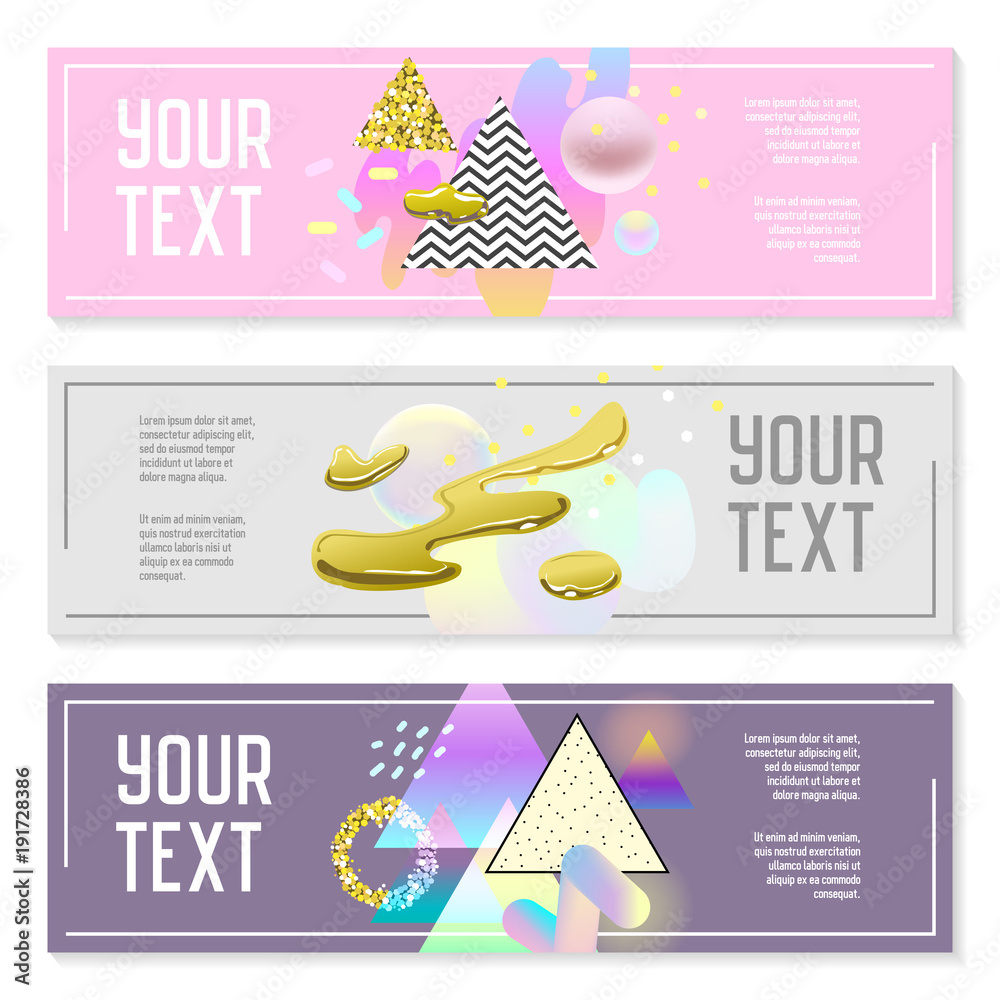Horizontal Banners Set with Gold Glitter Geometric Elements and Fluid Shapes. Poster Invitation Voucher Templates. Abstract Cards Design. Vector illustration