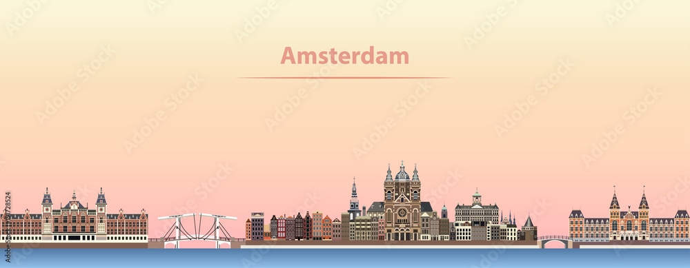 Fototapeta premium wektor streszczenie ilustracji panoramę miasta Amsterdam o wschodzie słońca