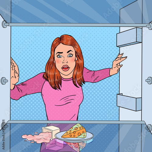 Pop Art Unhappy Hungry Woman Looking in Empty Fridge. Vector illustration
