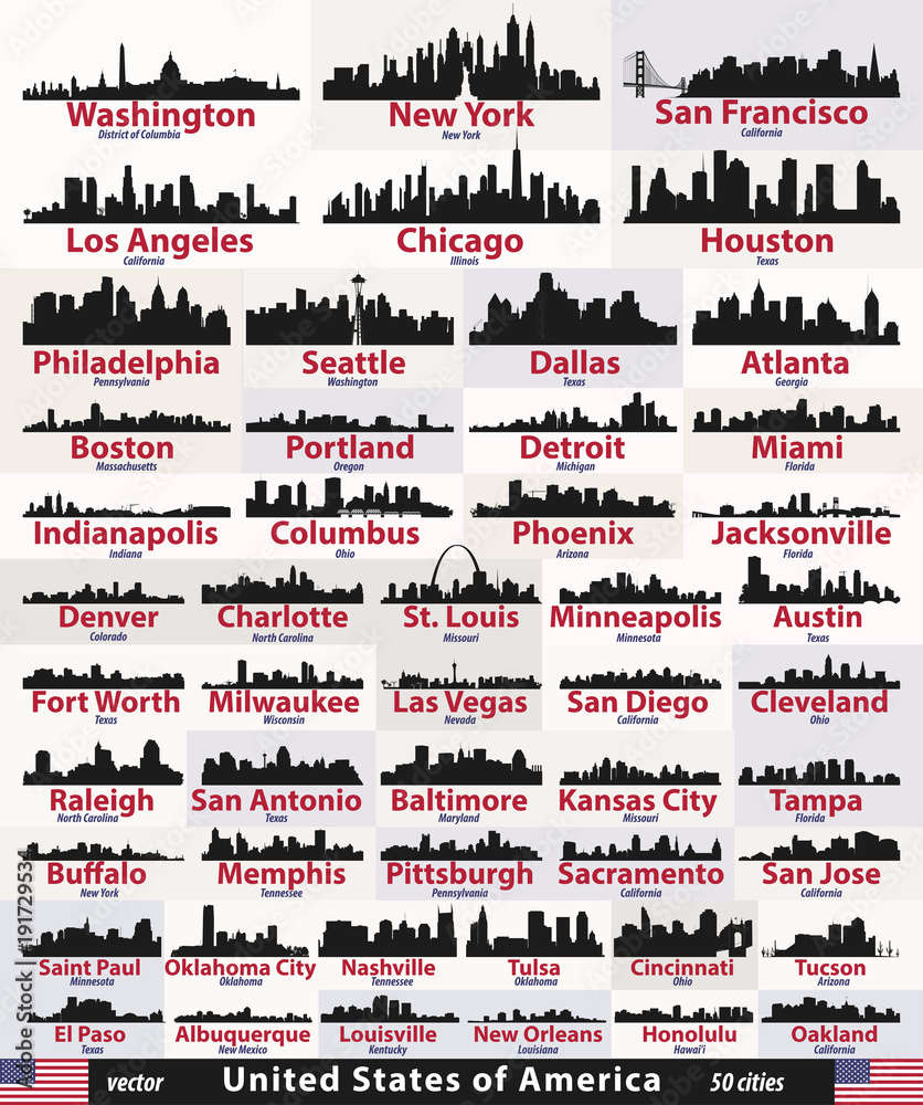 vector set of United States abstract city skylines silhouettes Stock ...
