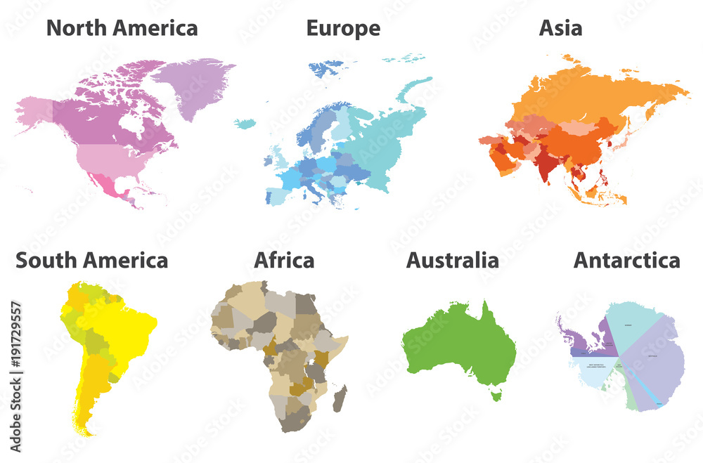 Obraz premium wektor zestaw wszystkich kontynentów map politycznych na białym tle