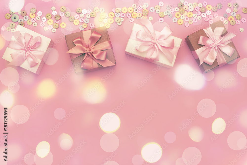 Boxes with gifts on a festive background.