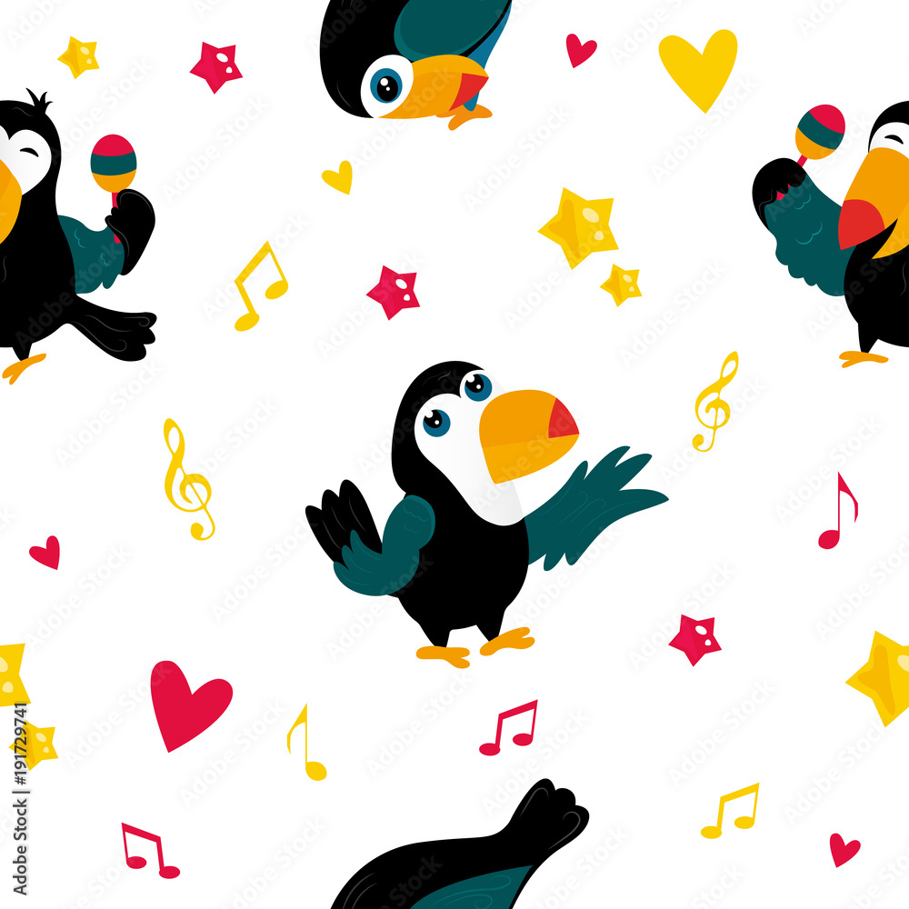 Naklejka premium Bright pattern with funny cartoon toucans