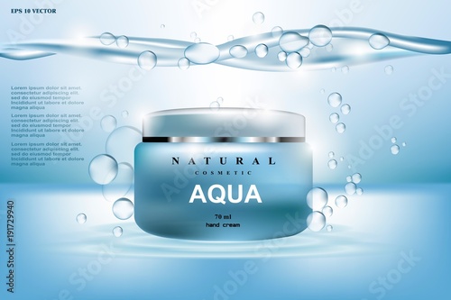 Aqua Cream Moisturizing cosmetic ads template. Hydrating facial lotion. Mockup 3D Realistic illustration. Sparkling water drops over blue