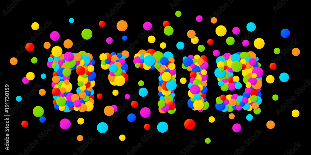 Happy Purim carnival text with colorful rainbow colors paper confetti isolated on black background. Purim Jewish holiday. Vector illustration.