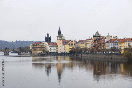 View on beautiful Prague from the Vltava river in cloudy autumn day