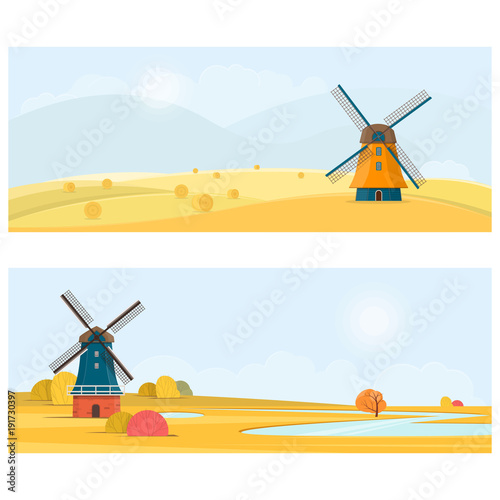 Rural summer landscape with a old windmill