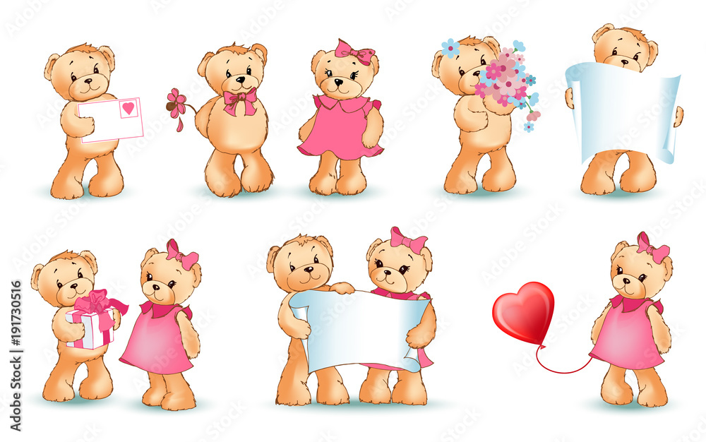 Teddy Bears Set Valentine Vector Illustration