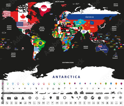 vector illustration of world map jointed with national flags with countries and oceans names