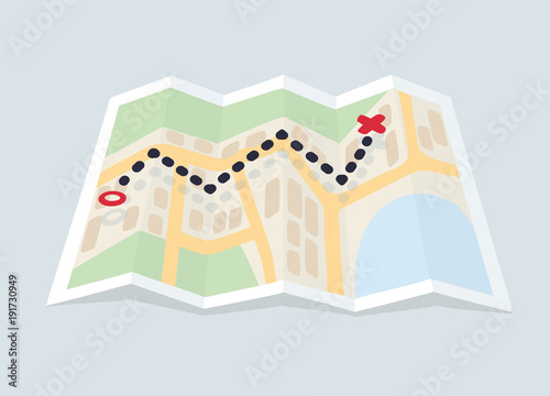 City map with route, starting point and destination