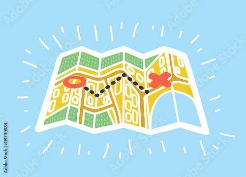 Vector cartoon illustration of paper maps in colorful modern style