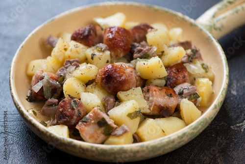 Close-up of Dublin coddle, traditional Irish potato, sausage and bacon stew, selective focus, studio shot