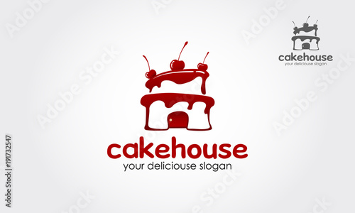 Cake house Logo Template. This sign is a cute sign that consists of cake icon, decorative design elements and delicious slogan.